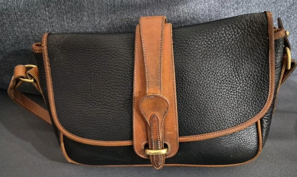 Vintage Dooney & Bourke All Weather Leather Saddle Bag Black Brown Crossbody